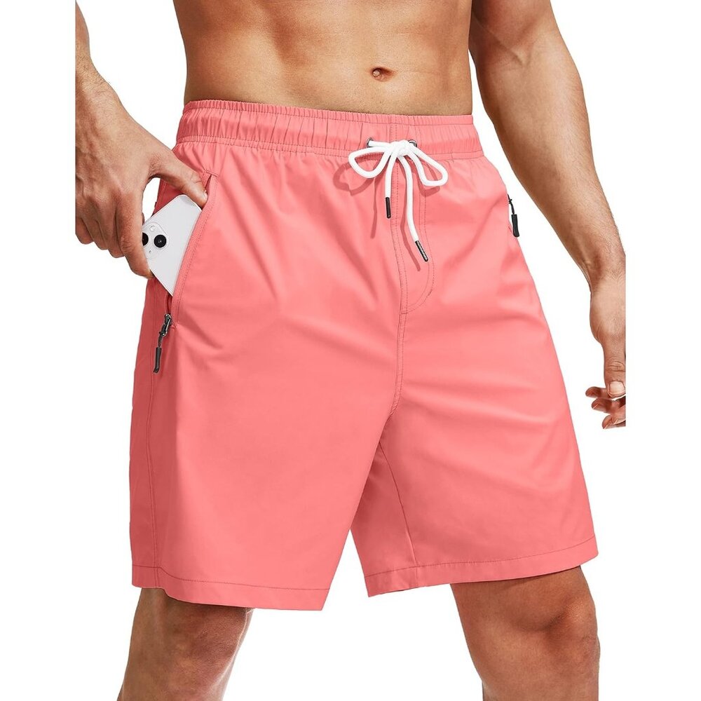 💫 Men Pink Swim Trunks Compression Liner Quick Dry Swimwear Zipper Pocket Short
